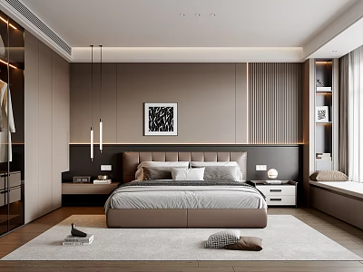Modern Bedroom Interior With Bed Pillows Wall Art Pendant Lights Wardrobe And Area Rug 3d model