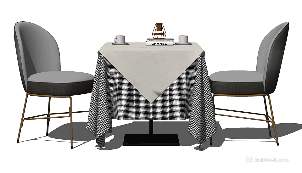 Dining Table Set Featuring Gray White Checkered Tablecloth Gray Chairs Gold Metal Legs Decorative Cups 3d model 