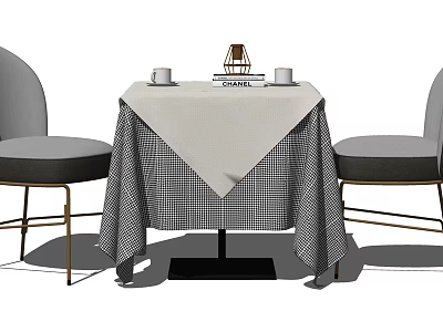 Dining Table Set Featuring Gray White Checkered Tablecloth Gray Chairs Gold Metal Legs Decorative Cups 3d model