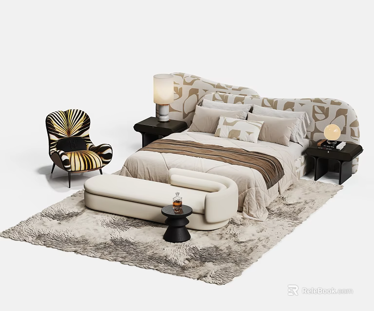 Cozy Modern Double Bed with Patterned Headboard Nightstands Table Lamps Accent Chair Bench Plush Rug 3d model 
