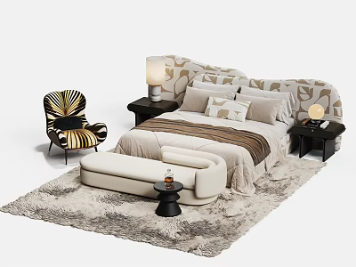 Cozy Modern Double Bed with Patterned Headboard Nightstands Table Lamps Accent Chair Bench Plush Rug 3d model