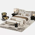 Cozy Modern Double Bed with Patterned Headboard Nightstands Table Lamps Accent Chair Bench Plush Rug
