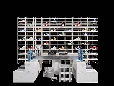 Modern Footwear Display Setup With Shelving Unit Display Table Mannequins And Shopping Bags 3d model