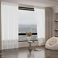 Cozy Home Balcony With White Curtains Large Window City View Bean Bag Chair Small Table And Wooden Floor