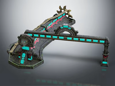 Mechanical Industrial Structure With Gears Green Glowing Strips And Red Accents 3d model