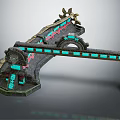 Mechanical Industrial Structure With Gears Green Glowing Strips And Red Accents