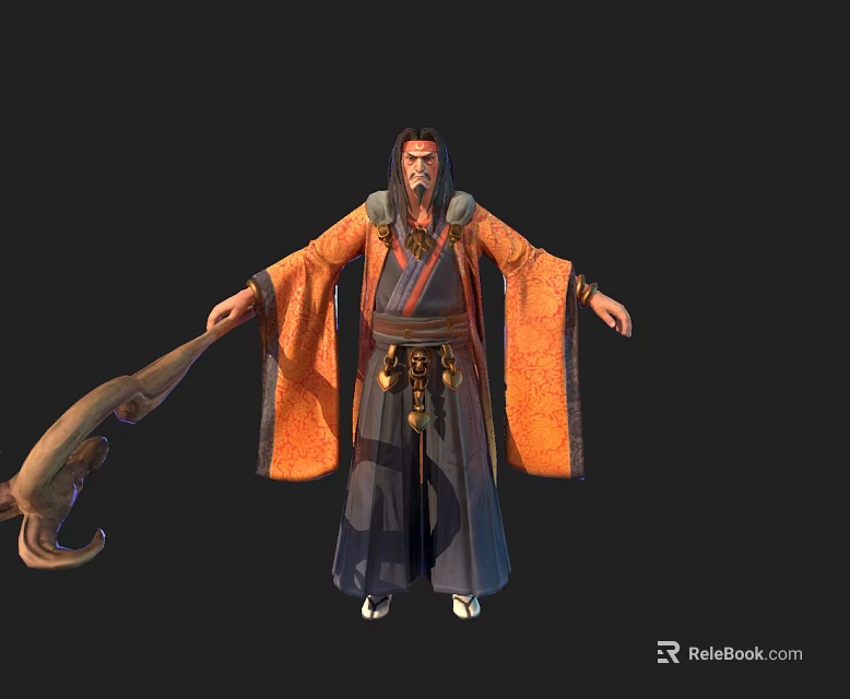 Bearded Character Standing In Traditional Orange Robe With Mythical Dragon Creature 3d model