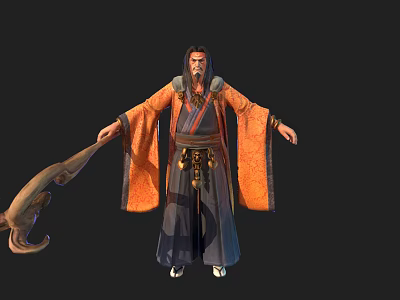 Bearded Character Standing In Traditional Orange Robe With Mythical Dragon Creature 3d model