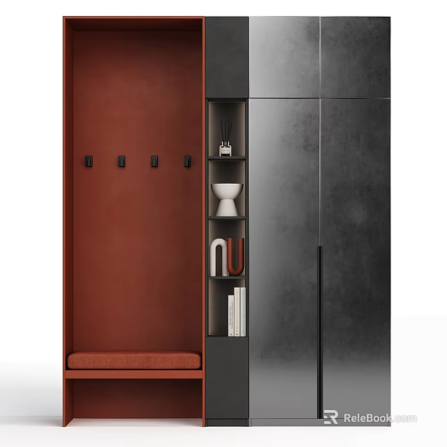 Modern Entryway Cabinet And Side Cabinet With Brown Panel Hooks Storage Shelves And Bench Seat 3d model 