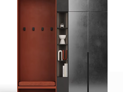 Modern Entryway Cabinet And Side Cabinet With Brown Panel Hooks Storage Shelves And Bench Seat 3d model