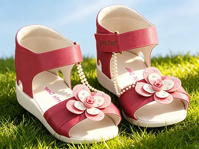 Red Kids Sandals With Flower Decoration And Pearl Chain On Grass 3d model