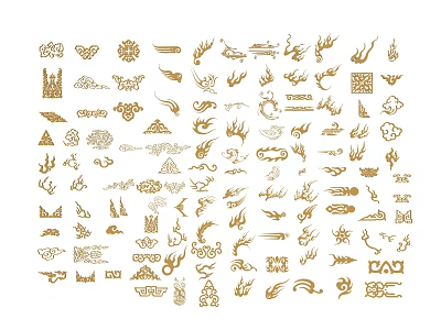 Golden Carved Patterns Various Styles Of Floral Butterfly Flame And Geometric Designs 3d model