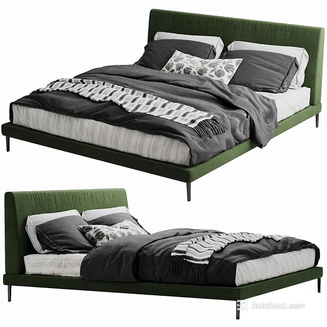 Green Upholstered Double Bed With Gray And White Bedding And Geometric Pattern Throw 3d model