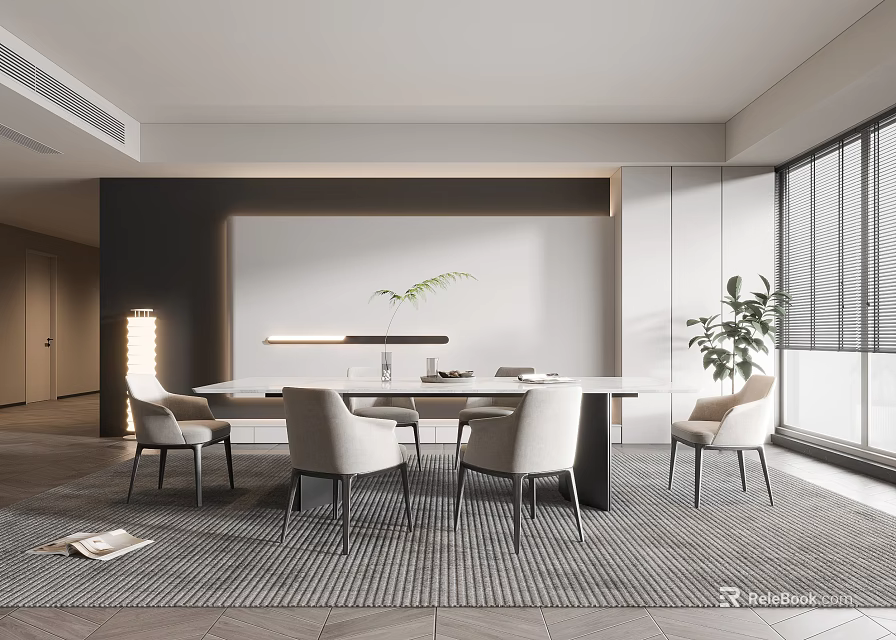 Modern Restaurant Interior Design With Large Dining Table Comfortable Chairs And Potted Plant 3d model