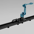 Blue Industrial Robotic Arm Mounted on Black Track System for Manufacturing Processes 3d model