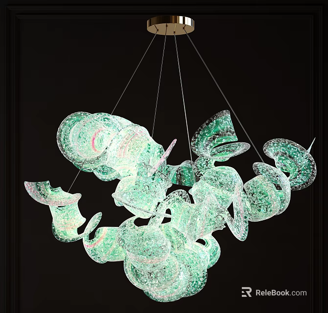 Modern Unique Artistic Chandelier With Green Transparent Irregular Hanging Decorative Shapes 3d model 