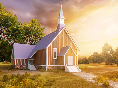 Detached Villa With Wooden Exterior Steeple Roof Surrounded By Trees Grass And Sunset Pathway 3d model