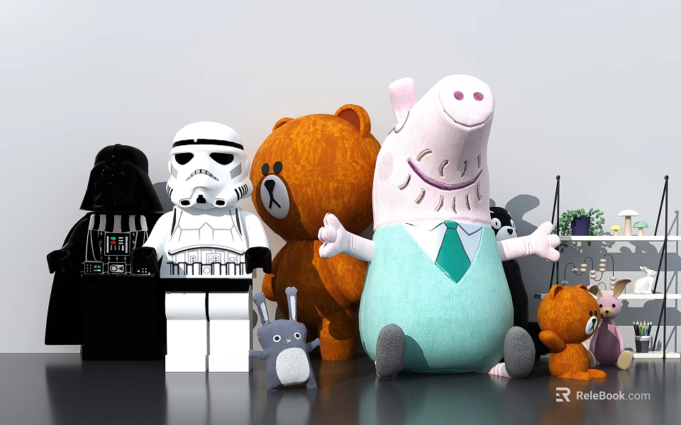 Colorful Assorted Plush Toys Including Darth Vader Stormtrooper Brown Bear Pink Pig And Small Animals 3d model 