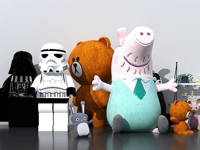 Colorful Assorted Plush Toys Including Darth Vader Stormtrooper Brown Bear Pink Pig And Small Animals 3d model