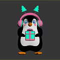 Adorable Penguin Wearing Pink Headphones With Green Christmas Trees Holding Gift Box With Pink Bow