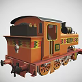 Cartoon Style Train Locomotive With Friendly Face Orange Red Body And Decorative Patterns