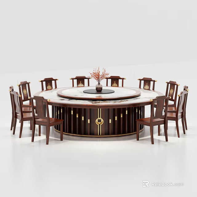Classic Solid Wood Round Dining Table Set With Lazy Susan And Matching Chairs 3d model