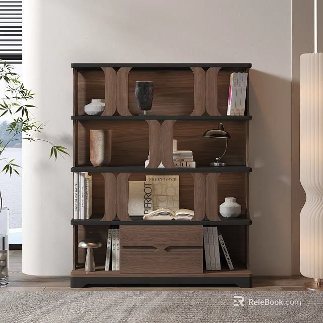 Modern Wooden Bookshelf With Geometric Shelves Decorations Books Vase Table Lamp And Open Book 3d model 