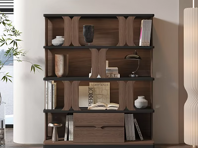 Modern Wooden Bookshelf With Geometric Shelves Decorations Books Vase Table Lamp And Open Book 3d model
