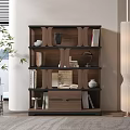 Modern Wooden Bookshelf With Geometric Shelves Decorations Books Vase Table Lamp And Open Book