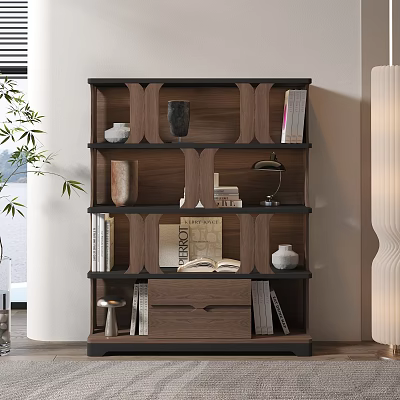 Modern Wooden Bookshelf With Geometric Shelves Decorations Books Vase Table Lamp And Open Book 3d model