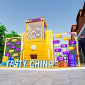 Tasty China Themed Yellow Installation With Colorful Balls Purple Signs Green Plants And Brick Wall