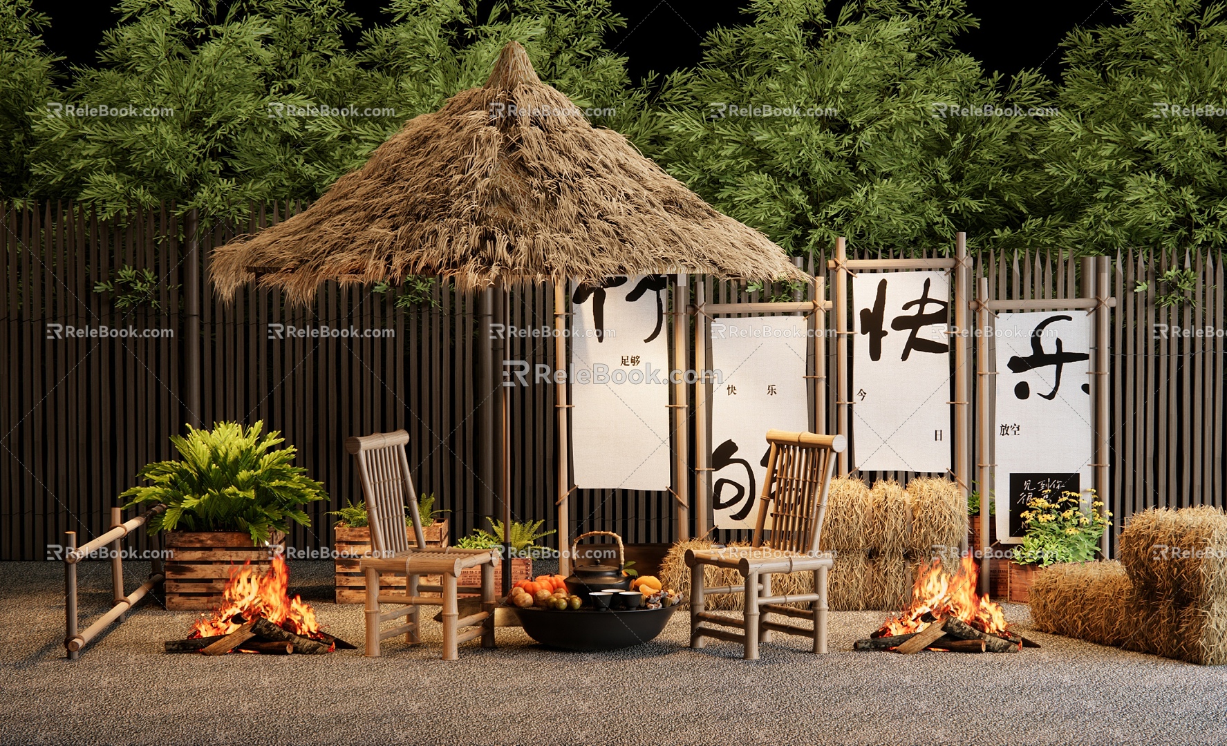 New Chinese Style Outdoor Table and Chair Bamboo Outdoor Chair Camping Meichen Village Courtyard Camping Park 3d model