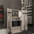 Gray Tool Storage Cabinet With Pegboard Hanging Tools Fishing Rods And Drawers