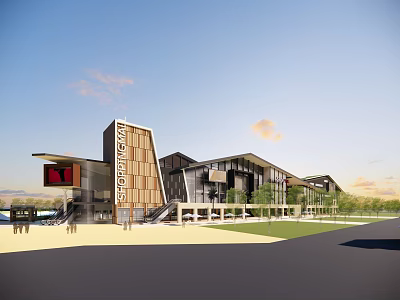 Modern Commercial Street Architectural Design With Glass Facade And Outdoor Pedestrian Areas 3d model