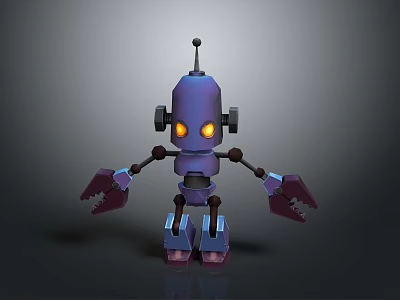 3D Robot Character With Purple Body Glowing Yellow Eyes Claw Arms And Metallic Texture 3d model
