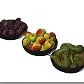 Fresh Colorful Plums Apples And Pears In Black Bowls On White Background