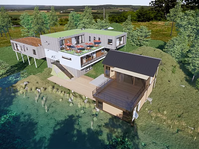 Modern Waterfront Vacation Rental House with Grassland Trees Open Terrace and Multiple Structures 3d model