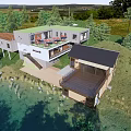 Modern Waterfront Vacation Rental House with Grassland Trees Open Terrace and Multiple Structures