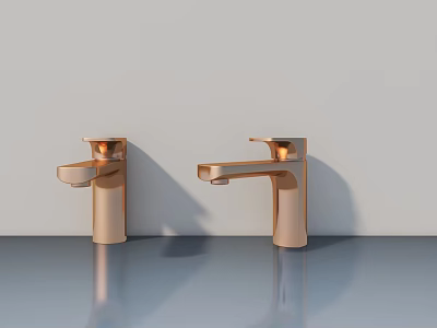 Two Copper Bathroom Faucets On Gray Countertop With Light Wall Background 3d model