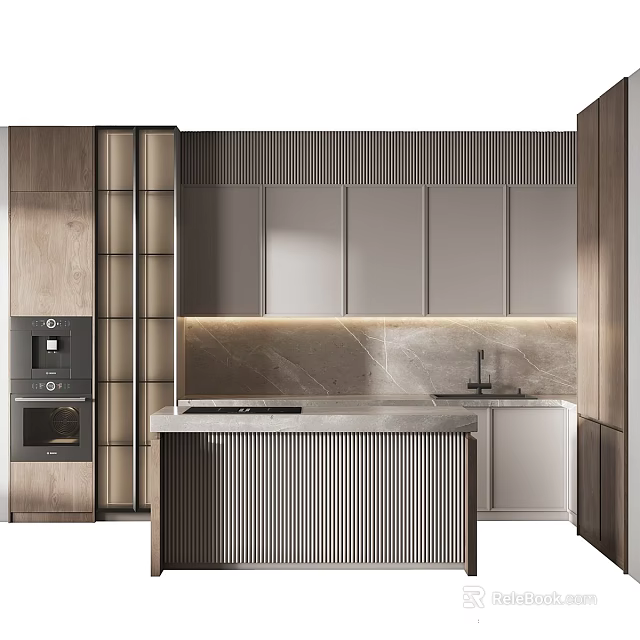 Modern Open Concept Kitchen Interior Featuring Sleek Cabinets And Marble Island Countertop 3d model 