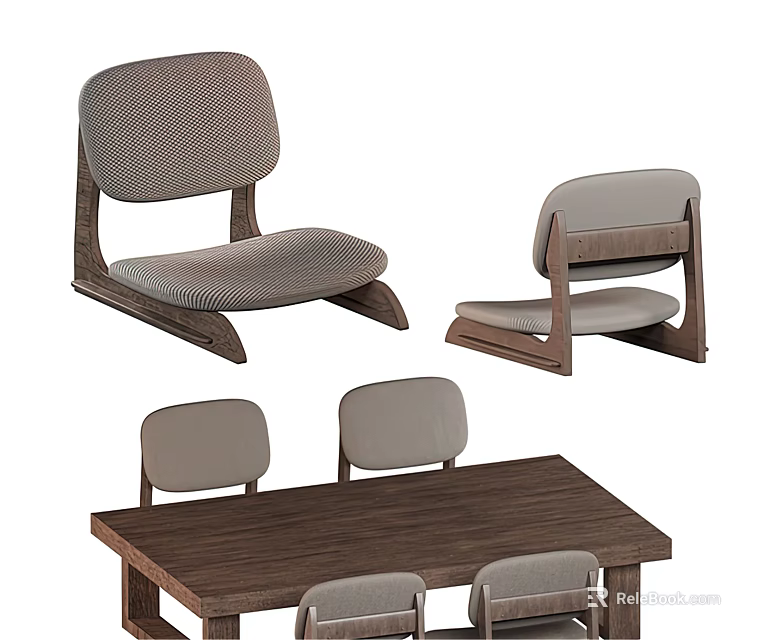 Minimalist Wooden Tea Table and Chairs with Soft Upholstered Seats and Modern Design 3d model 
