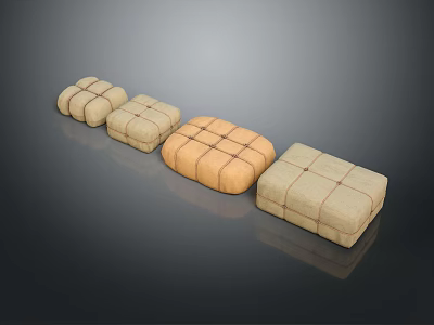 Beige And Orange Stitched Cushions Arranged In A Row With Textured Surface 3d model
