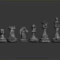 Metallic Silver Chess Pieces Arranged in Row on Black Reflective Surface 3d model