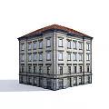 Detailed Building Model With Red Roof Stone Exterior And Multiple Windows From Various Angles