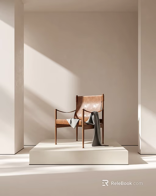 Brown Leather Leisure Chair With Wooden Frame On White Platform And Gray Throw Blanket 3d model 