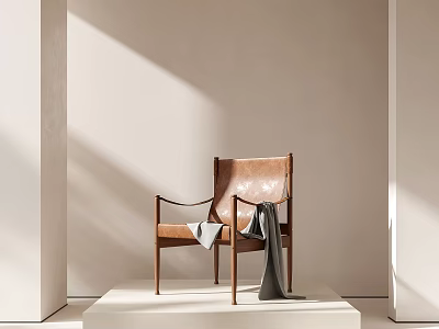 Brown Leather Leisure Chair With Wooden Frame On White Platform And Gray Throw Blanket 3d model