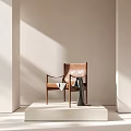 Brown Leather Leisure Chair With Wooden Frame On White Platform And Gray Throw Blanket