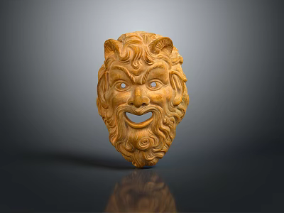 Wooden Mythical Mask With Horns Curly Hair And Grinning Expression Artwork 3d model