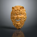 Wooden Mythical Mask With Horns Curly Hair And Grinning Expression Artwork