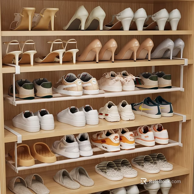 Practical Multilayer Wooden Shoe Cabinet With Shelves for Sneakers High Heels and Flat Shoes 3d model 